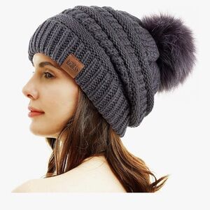 Dark gray Knit Beanie with Pom Pom soft fleece lining NWT